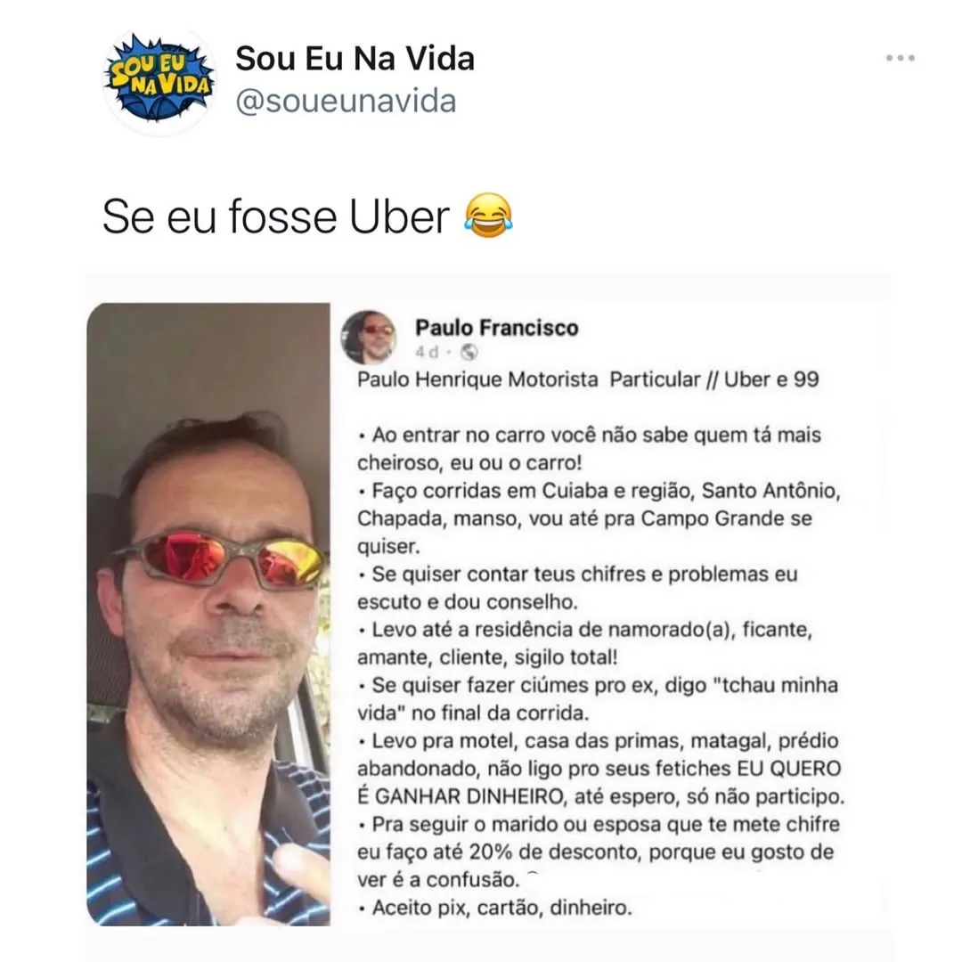 Homem de óculos anuncia serviço de motorista Uber que dá conselho e aceita corridas para qualquer destino.
