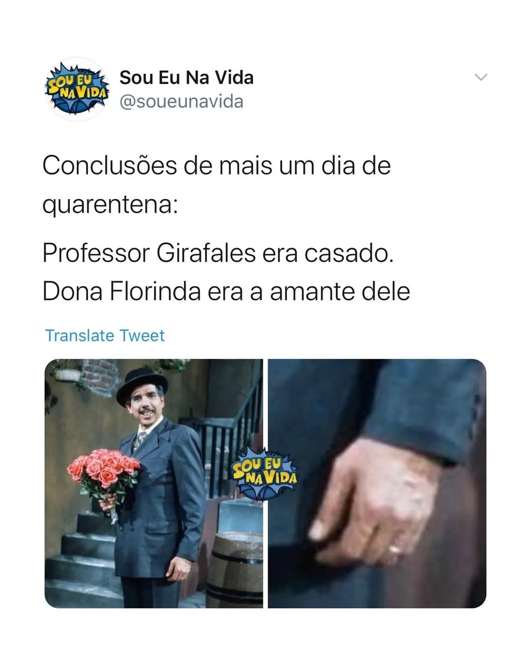 Meme de Professor Girafales era casado, segurando flores, com close em uma mão usando aliança.
