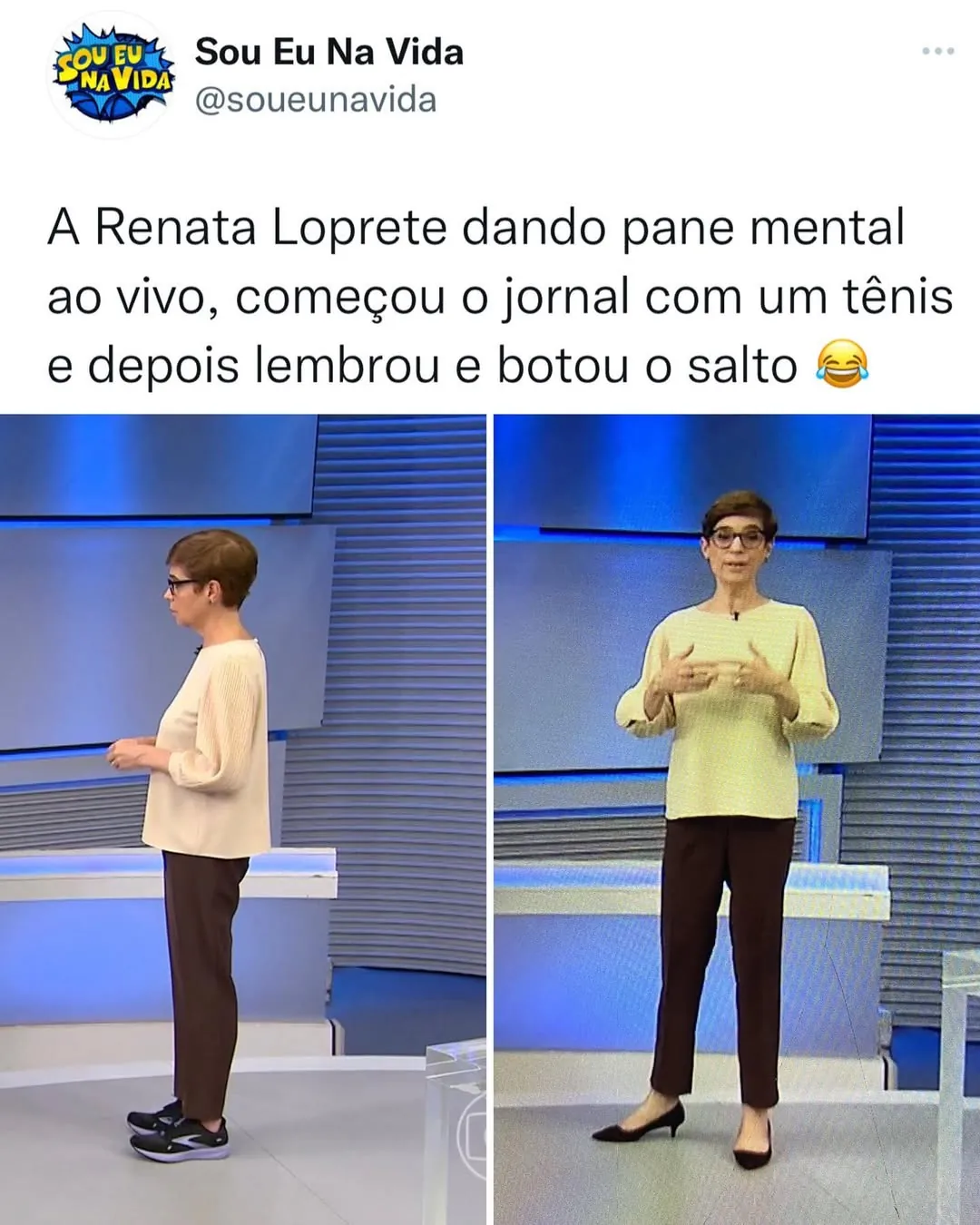 meme de Renata Loprete em estúdio de TV, primeiro de tênis e depois de salto alto