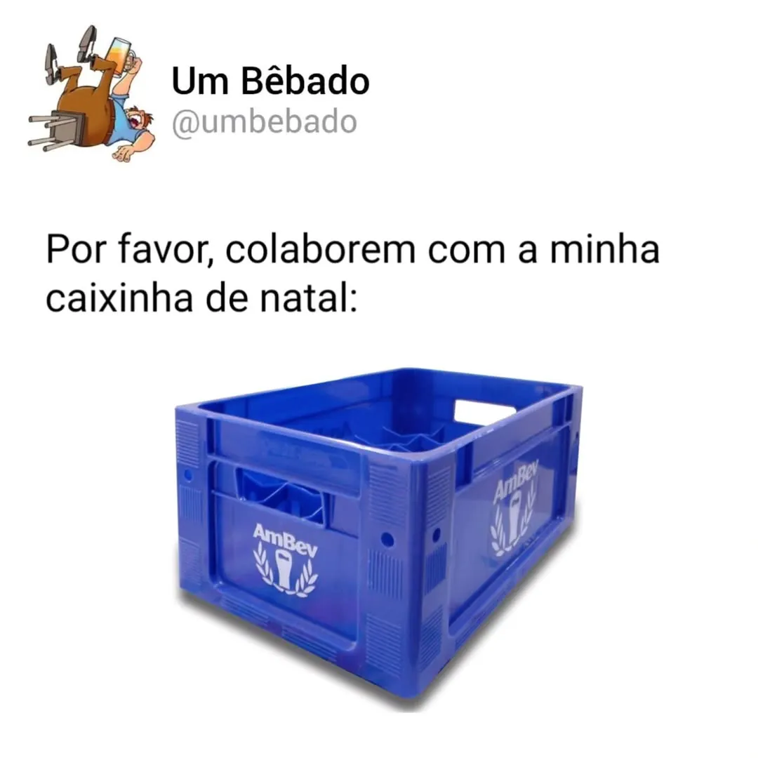 meme de caixinha de natal com caixa de cerveja azul da Ambev e texto pedindo colaboração