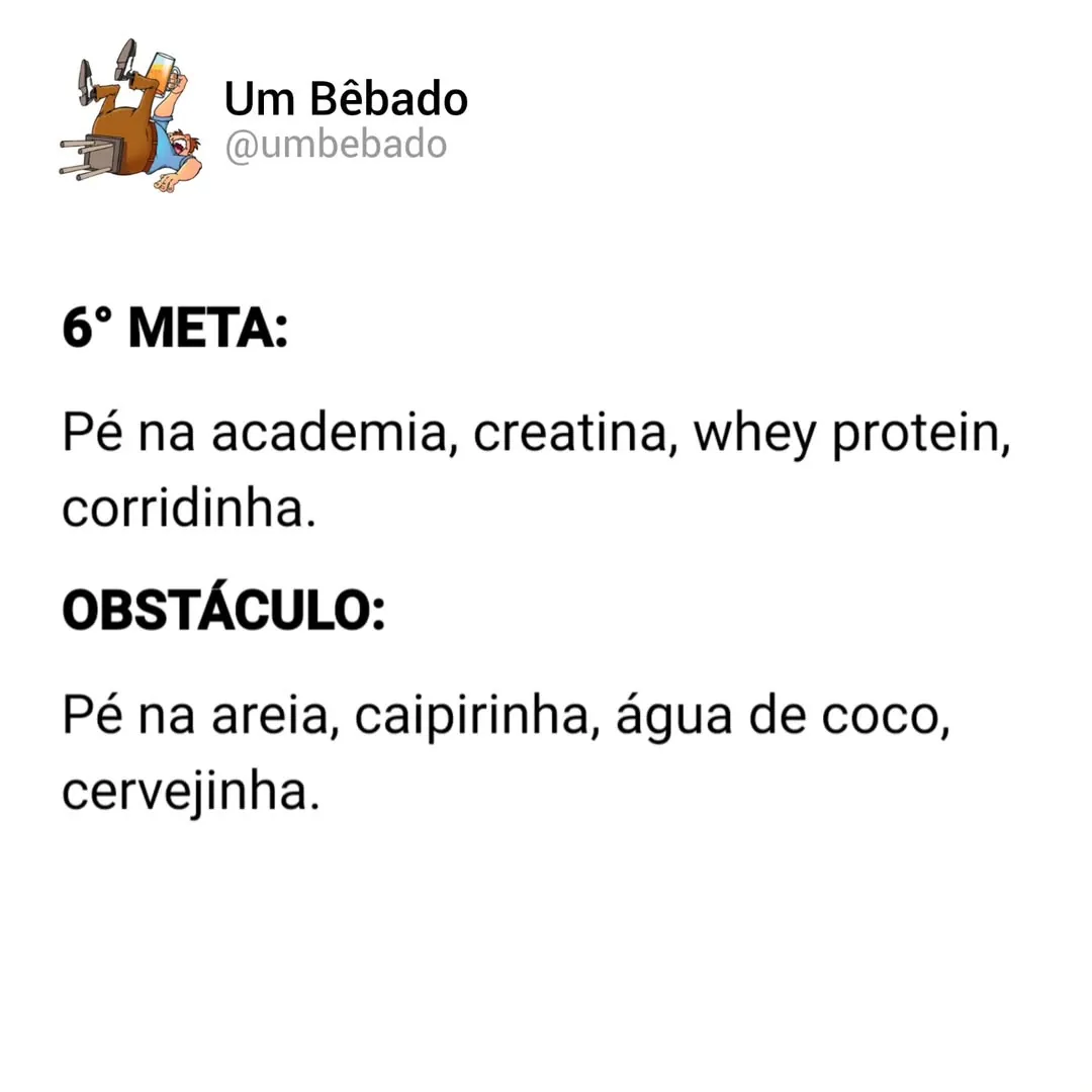 Meme de meta fitness contra obstáculo cervejinha, com academia de um lado e praia com bebidas do outro